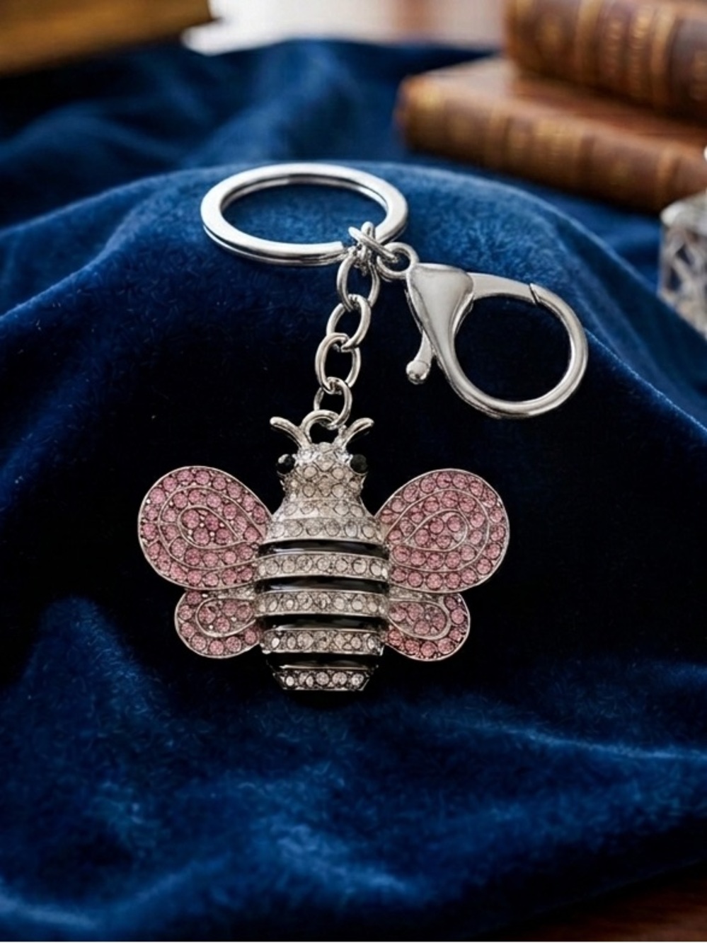 Silver Tone Pink & Clear Rhinestone Bee Keychain  Charm - Luxury Bag Charm 4x2”